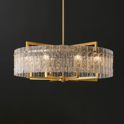 Luminaire suspendu à 6 lumières, style moderne, doré, en forme de tambour, avec cristaux, abat-jour en verre dépoli, pour îlot de cuisine, salle à manger, 66 cm (26 po)