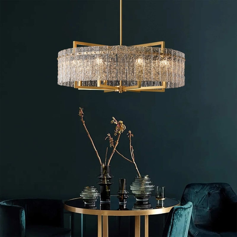 Luminaire suspendu à 6 lumières, style moderne, doré, en forme de tambour, avec cristaux, abat-jour en verre dépoli, pour îlot de cuisine, salle à manger, 66 cm (26 po)
