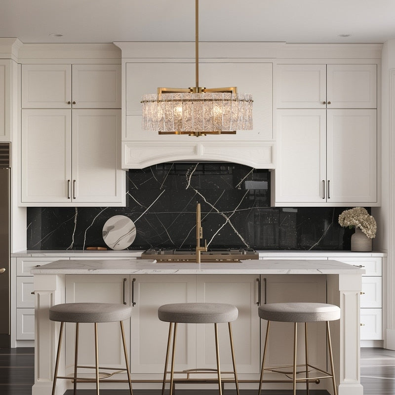 Luminaire suspendu à 6 lumières, style moderne, doré, en forme de tambour, avec cristaux, abat-jour en verre dépoli, pour îlot de cuisine, salle à manger, 66 cm (26 po)