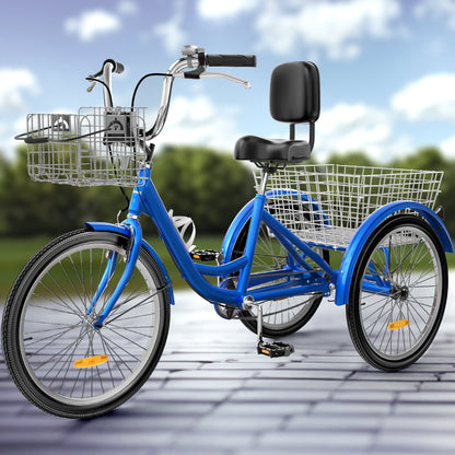 26 Tricycles bleus pour adultes, vélos à 3 roues avec paniers amovibles