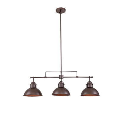 Suspension à 3 lumières style industriel et champêtre, forme de dôme, en métal, pour îlot de cuisine, finition bronze huilé.