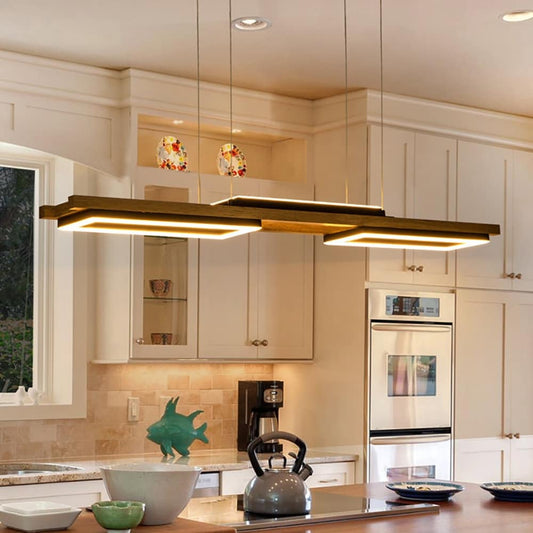 Suspension à LED intégrée en bois, linéaire, à 3 ou 5 lumières, pour îlot de cuisine.