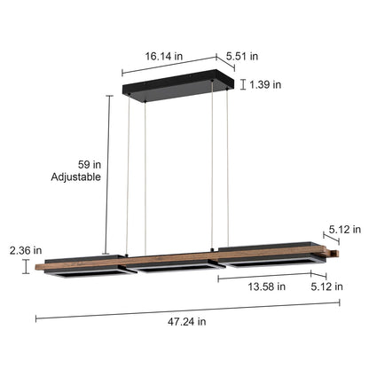 Suspension à LED intégrée en bois, linéaire, à 3 ou 5 lumières, pour îlot de cuisine.