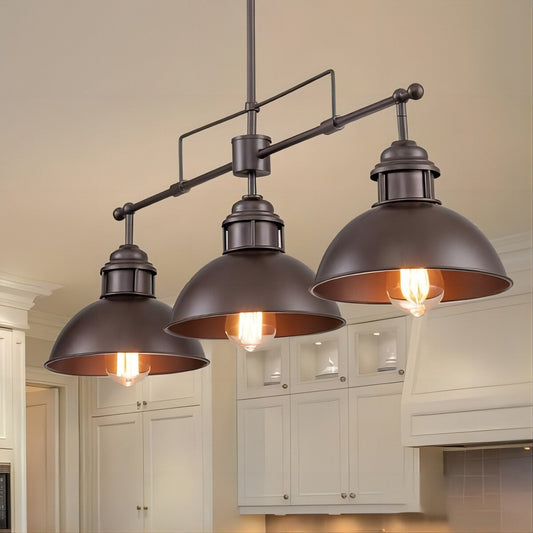 Suspension à 3 lumières style industriel et champêtre, forme de dôme, en métal, pour îlot de cuisine, finition bronze huilé.