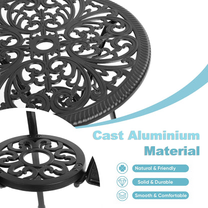 Table et chaises de jardin pliantes en aluminium, 3 pièces, avec trou pour parasol.