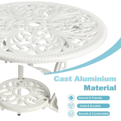 Table et chaises de jardin pliantes en aluminium, 3 pièces, avec trou pour parasol.