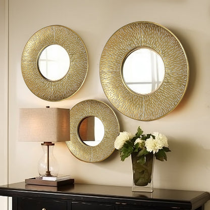 Ensemble de 3 miroirs muraux ronds en métal doré - 56,5 cm de diamètre x 6 cm de profondeur