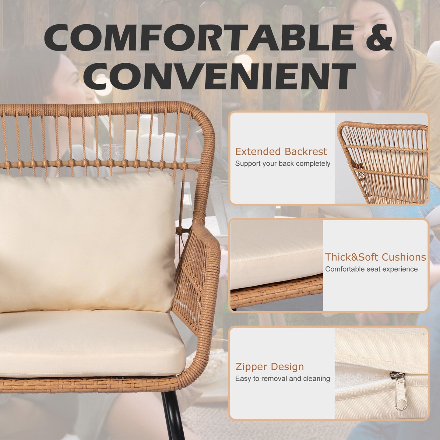 Ensemble de bistro en osier pour extérieur, 3 pièces, ensemble de chaises de patio en rotin résistant aux intempéries avec coussins.