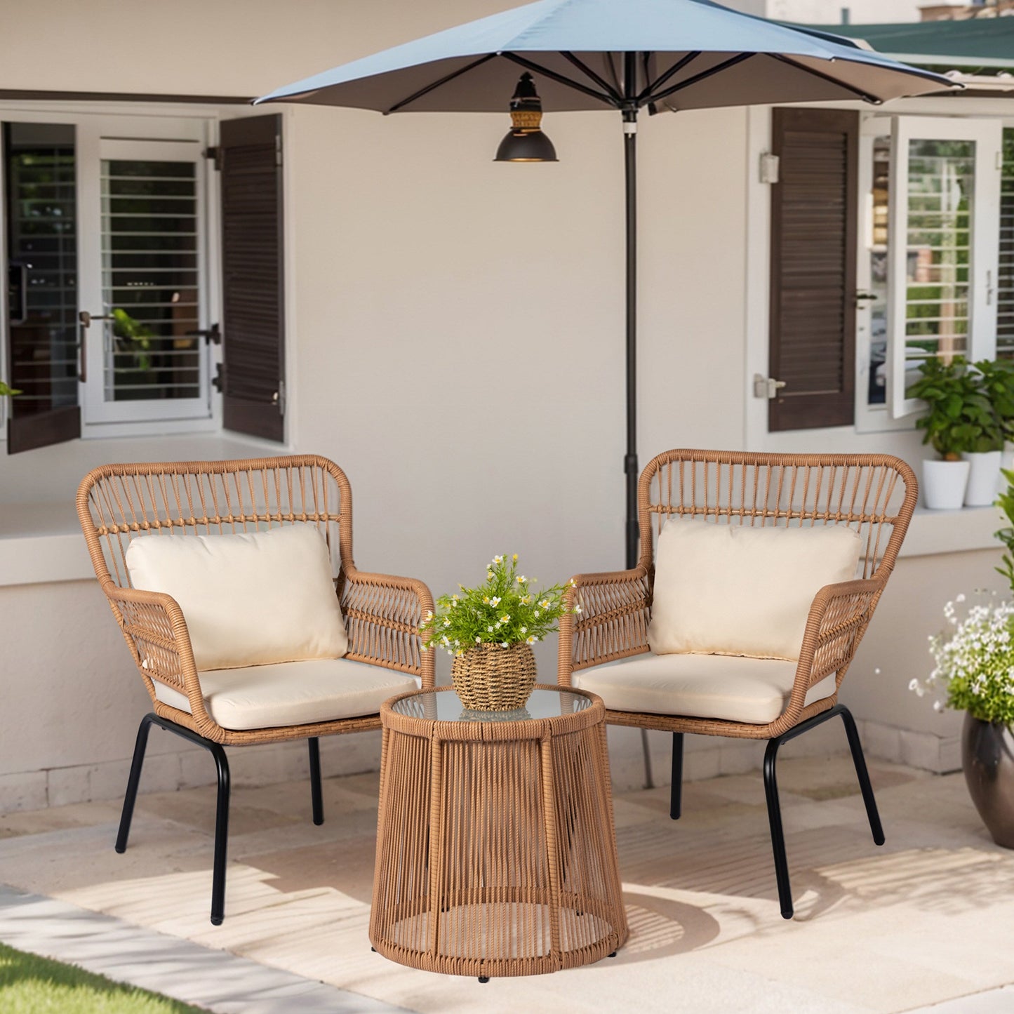 Ensemble de bistro en osier pour extérieur, 3 pièces, ensemble de chaises de patio en rotin résistant aux intempéries avec coussins.