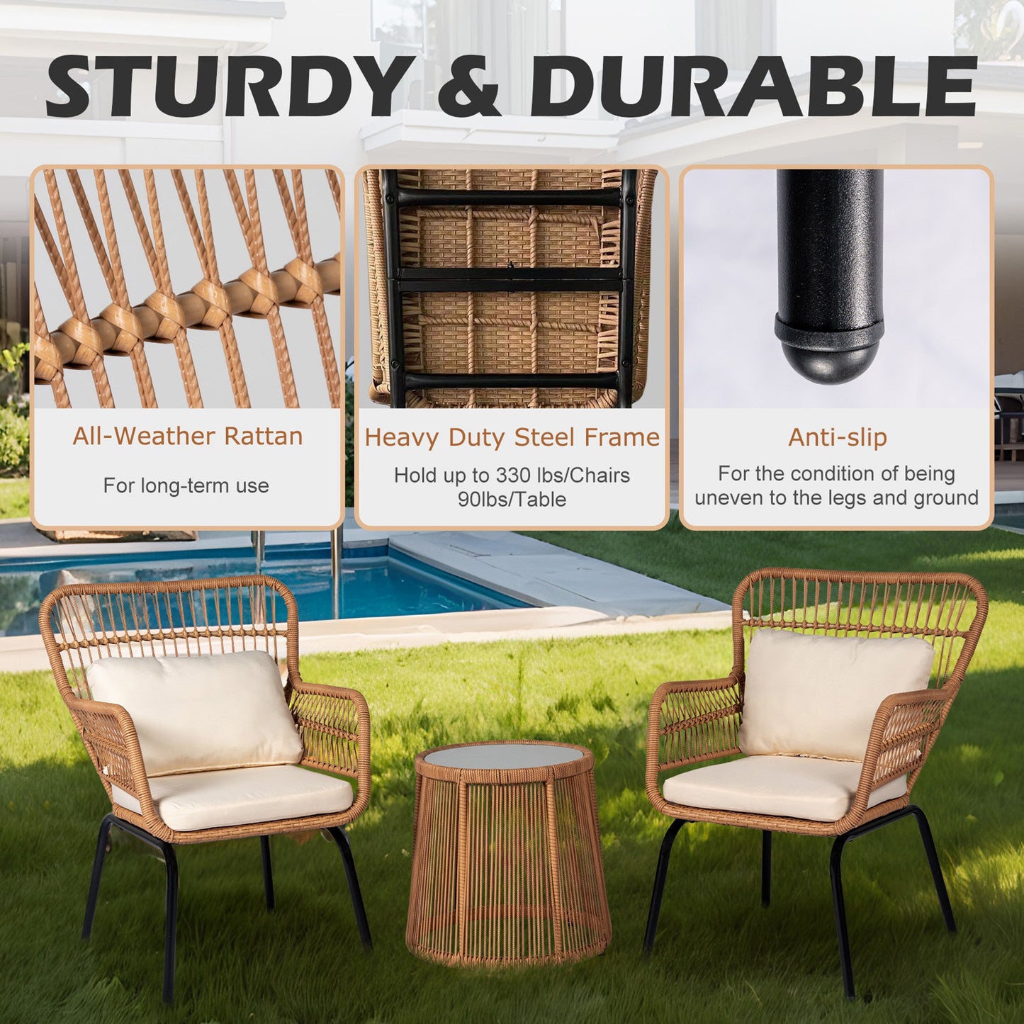 Ensemble de bistro en osier pour extérieur, 3 pièces, ensemble de chaises de patio en rotin résistant aux intempéries avec coussins.