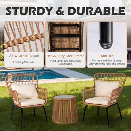 Ensemble de bistro en osier pour extérieur, 3 pièces, ensemble de chaises de patio en rotin résistant aux intempéries avec coussins.
