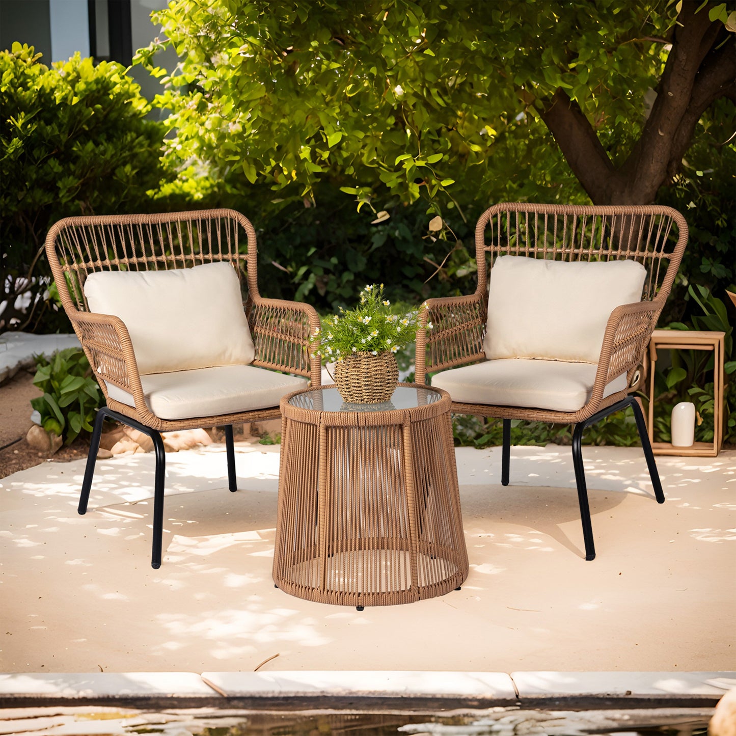 Ensemble de bistro en osier pour extérieur, 3 pièces, ensemble de chaises de patio en rotin résistant aux intempéries avec coussins.