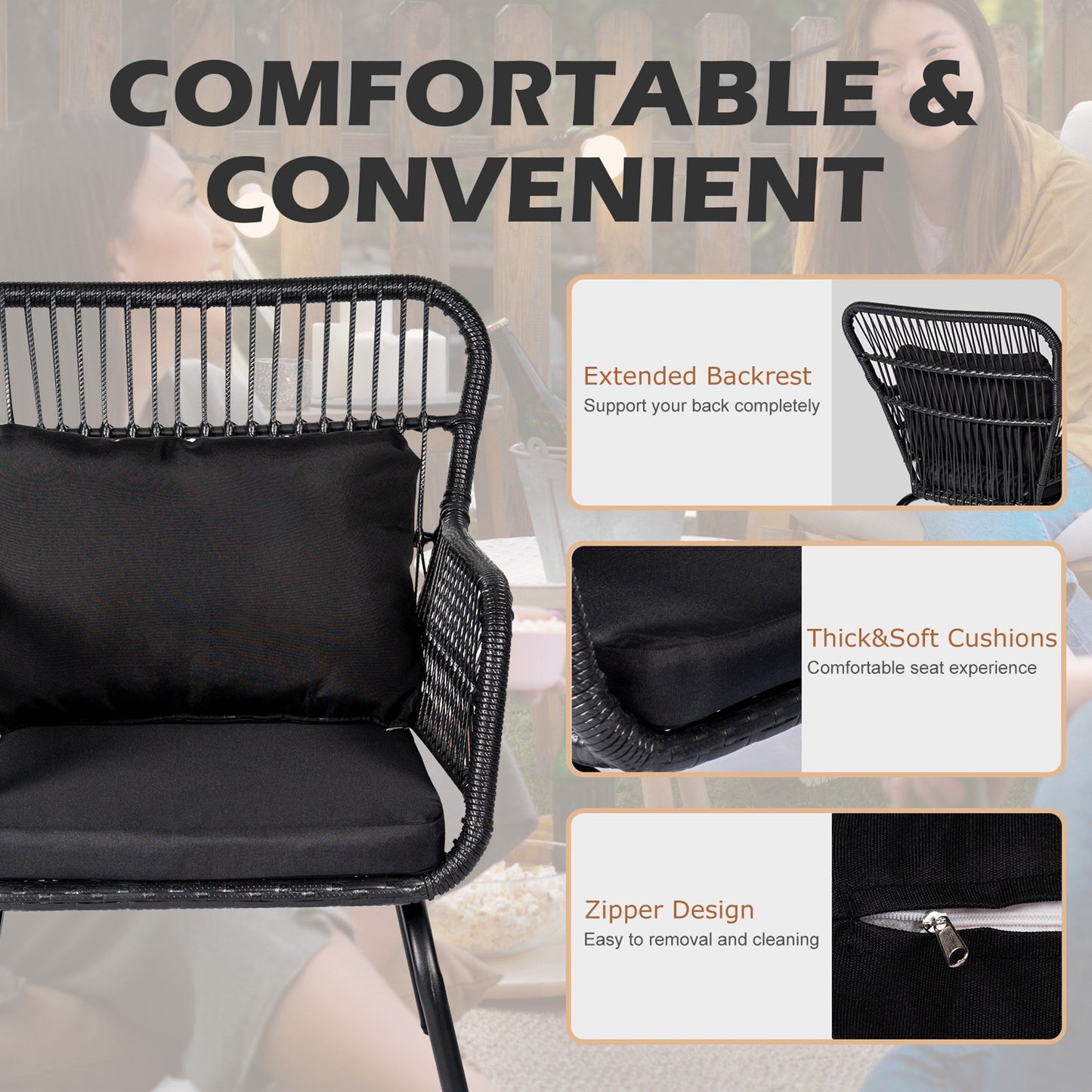 Ensemble de bistro en osier pour extérieur, 3 pièces, ensemble de chaises de patio en rotin résistant aux intempéries avec coussins.