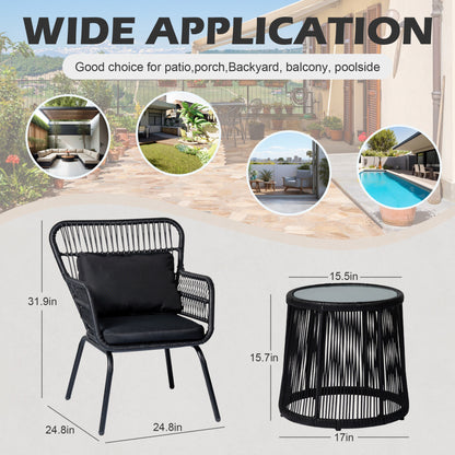 Ensemble de bistro en osier pour extérieur, 3 pièces, ensemble de chaises de patio en rotin résistant aux intempéries avec coussins.