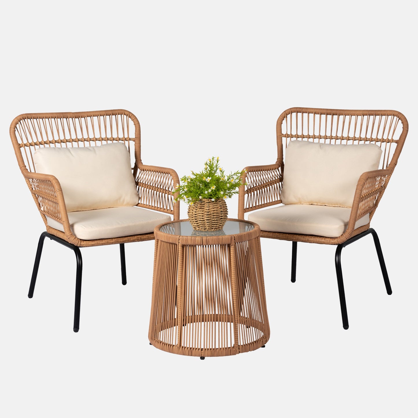 Ensemble de bistro en osier pour extérieur, 3 pièces, ensemble de chaises de patio en rotin résistant aux intempéries avec coussins.
