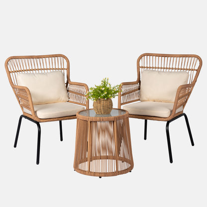 Ensemble de bistro en osier pour extérieur, 3 pièces, ensemble de chaises de patio en rotin résistant aux intempéries avec coussins.