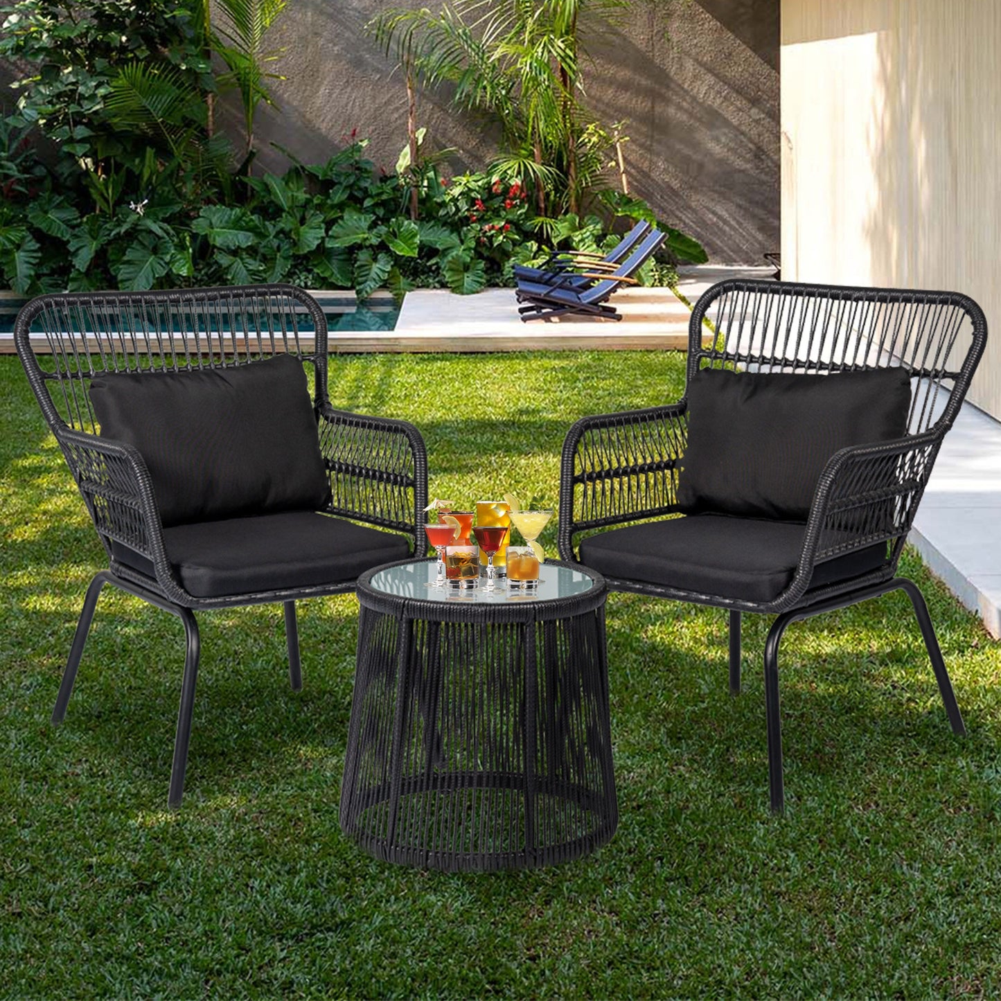 Ensemble de bistro en osier pour extérieur, 3 pièces, ensemble de chaises de patio en rotin résistant aux intempéries avec coussins.