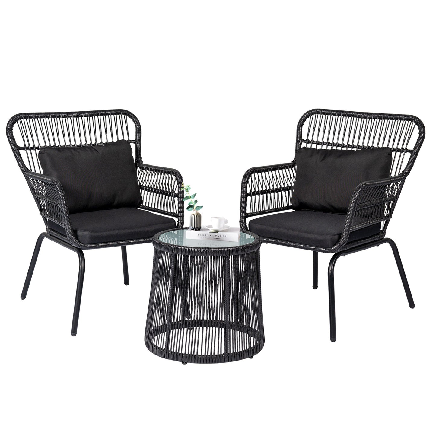 Ensemble de bistro en osier pour extérieur, 3 pièces, ensemble de chaises de patio en rotin résistant aux intempéries avec coussins.