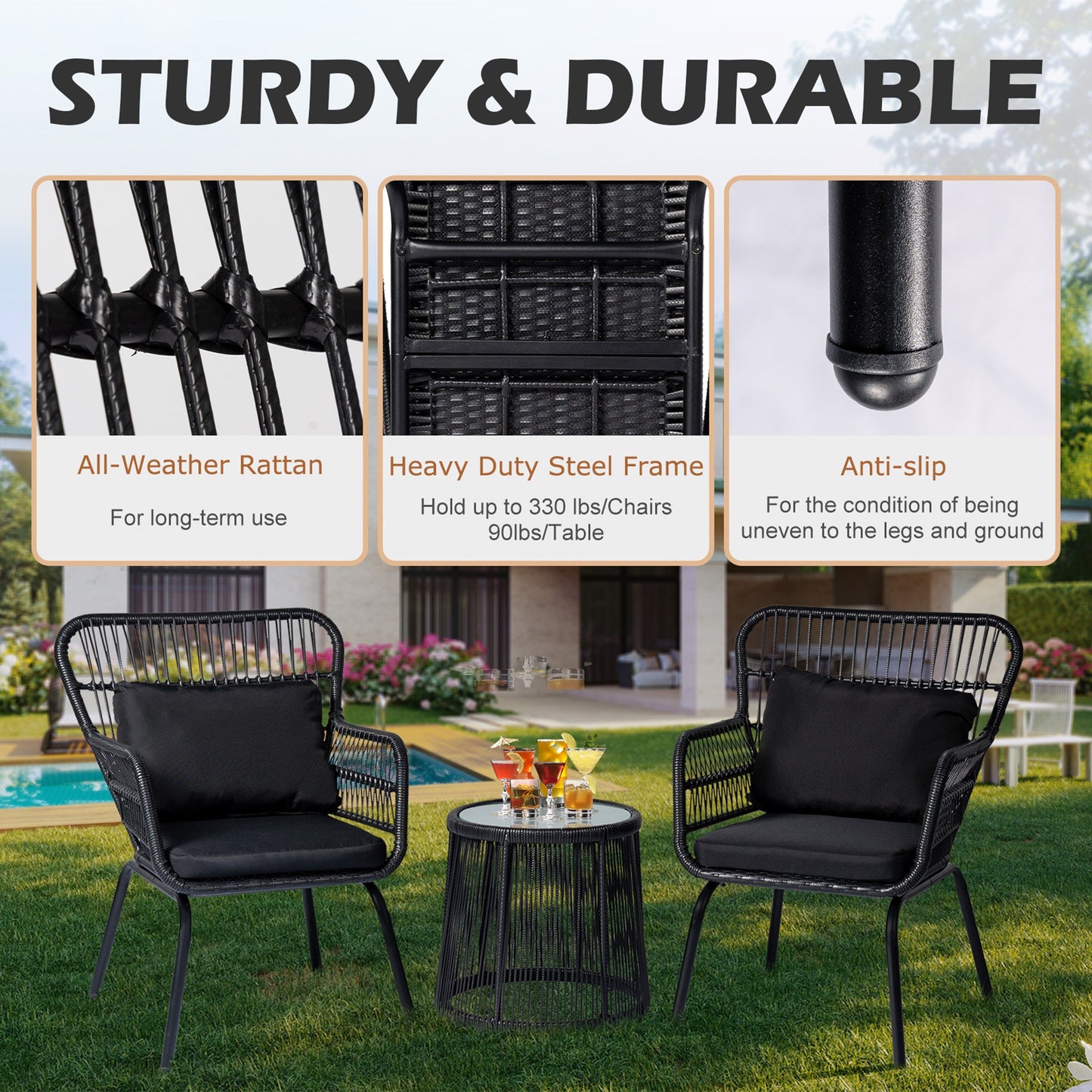 Ensemble de bistro en osier pour extérieur, 3 pièces, ensemble de chaises de patio en rotin résistant aux intempéries avec coussins.