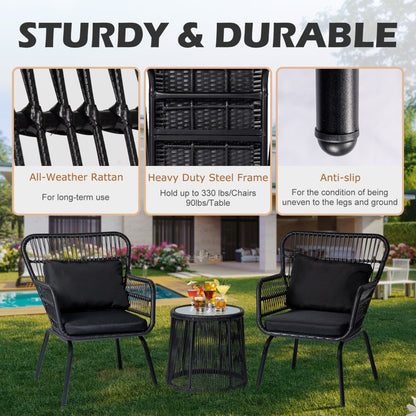 Ensemble de bistro en osier pour extérieur, 3 pièces, ensemble de chaises de patio en rotin résistant aux intempéries avec coussins.