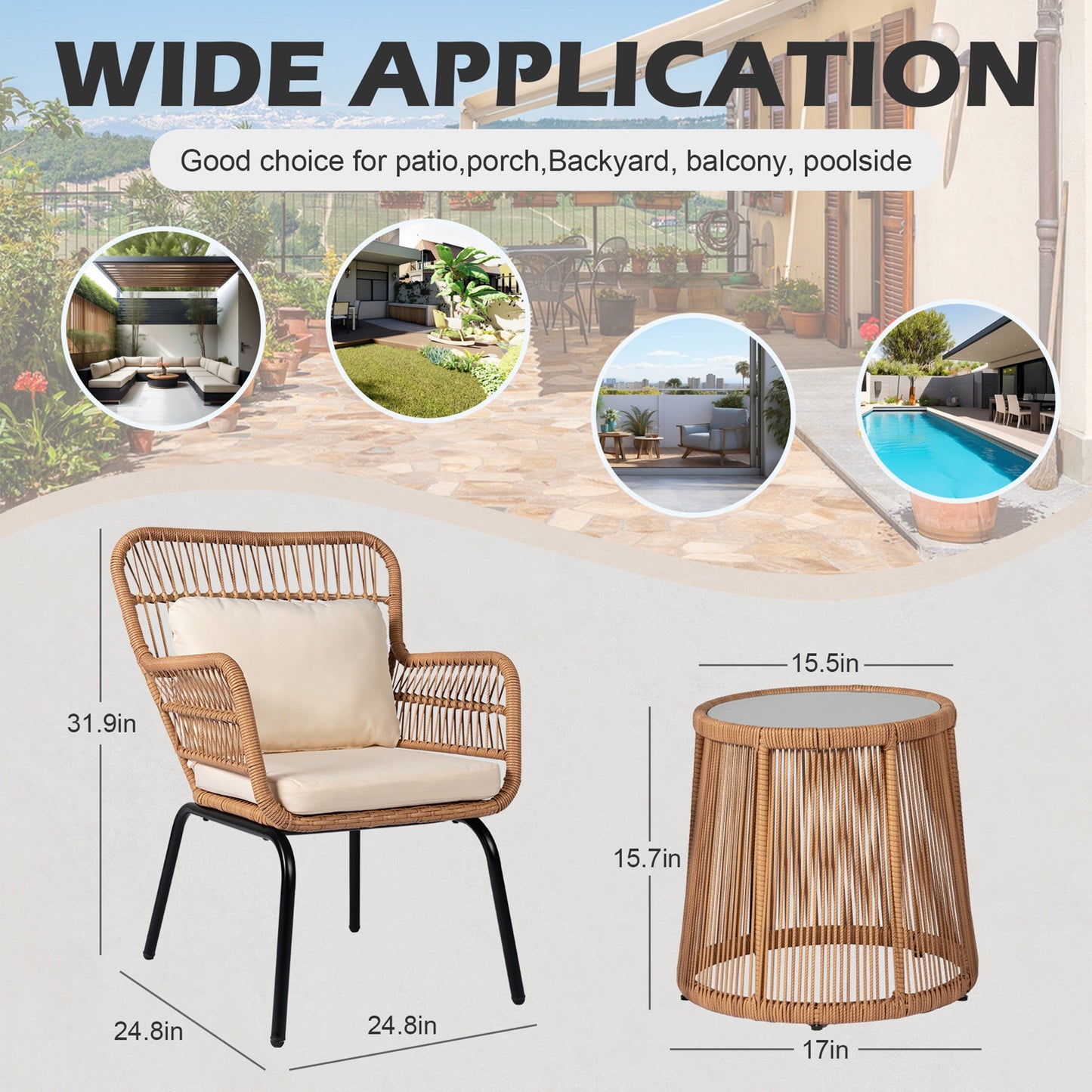 Ensemble de bistro en osier pour extérieur, 3 pièces, ensemble de chaises de patio en rotin résistant aux intempéries avec coussins.
