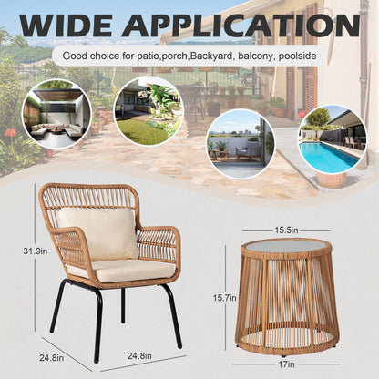 Ensemble de bistro en osier pour extérieur, 3 pièces, ensemble de chaises de patio en rotin résistant aux intempéries avec coussins.