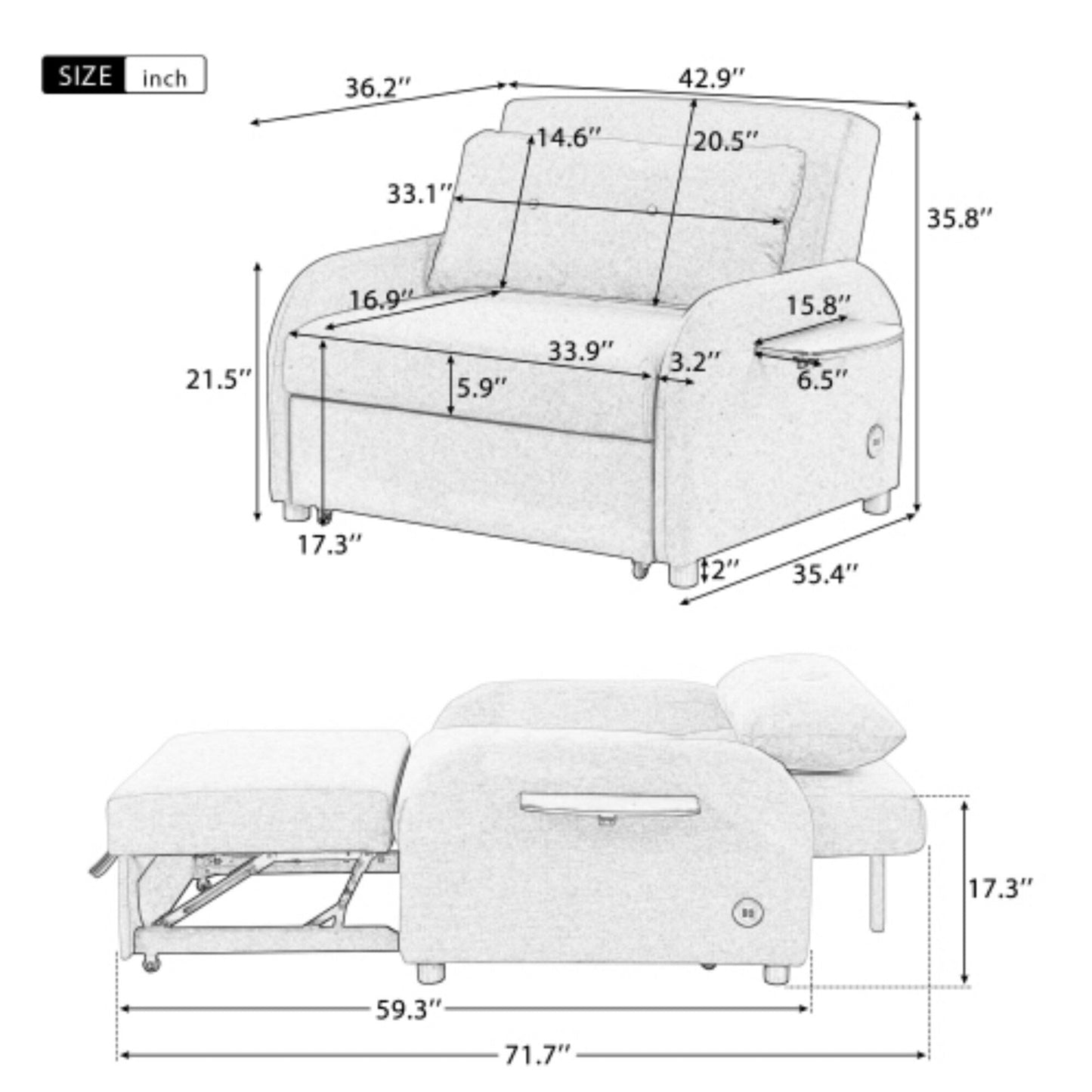 Canapé-lit 3-en-1 avec table d'appoint rabattable et ports USB de la marque Harper&amp;Bright Designs