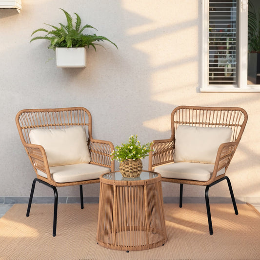 Ensemble de bistro en osier pour extérieur, 3 pièces, ensemble de chaises de patio en rotin résistant aux intempéries avec coussins.
