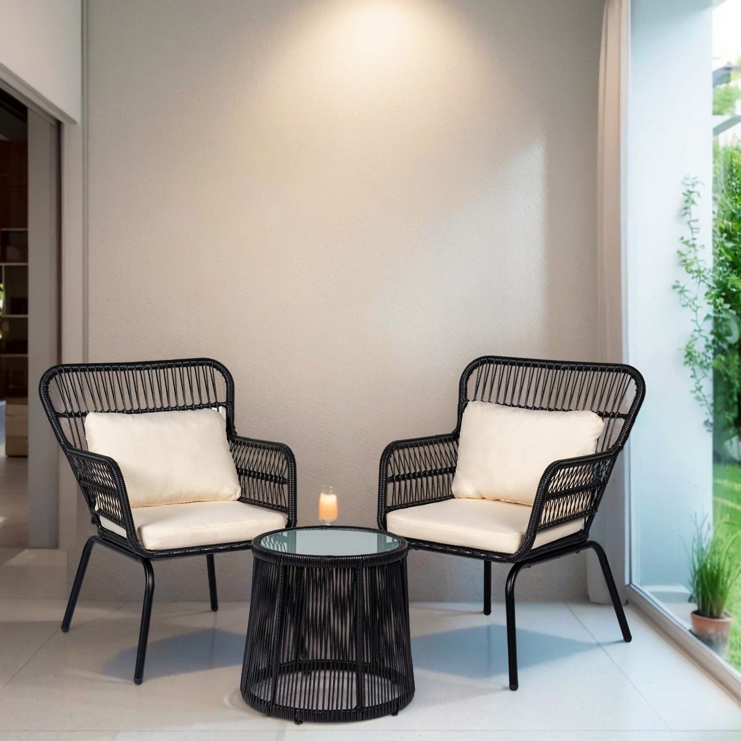 Ensemble de bistro en osier pour extérieur, 3 pièces, ensemble de chaises de patio en rotin résistant aux intempéries avec coussins.