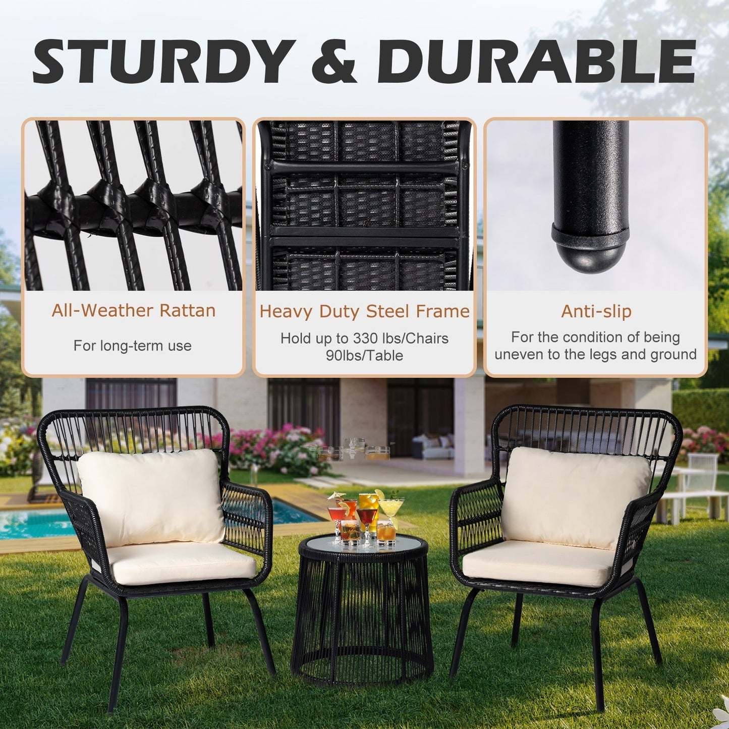 Ensemble de bistro en osier pour extérieur, 3 pièces, ensemble de chaises de patio en rotin résistant aux intempéries avec coussins.