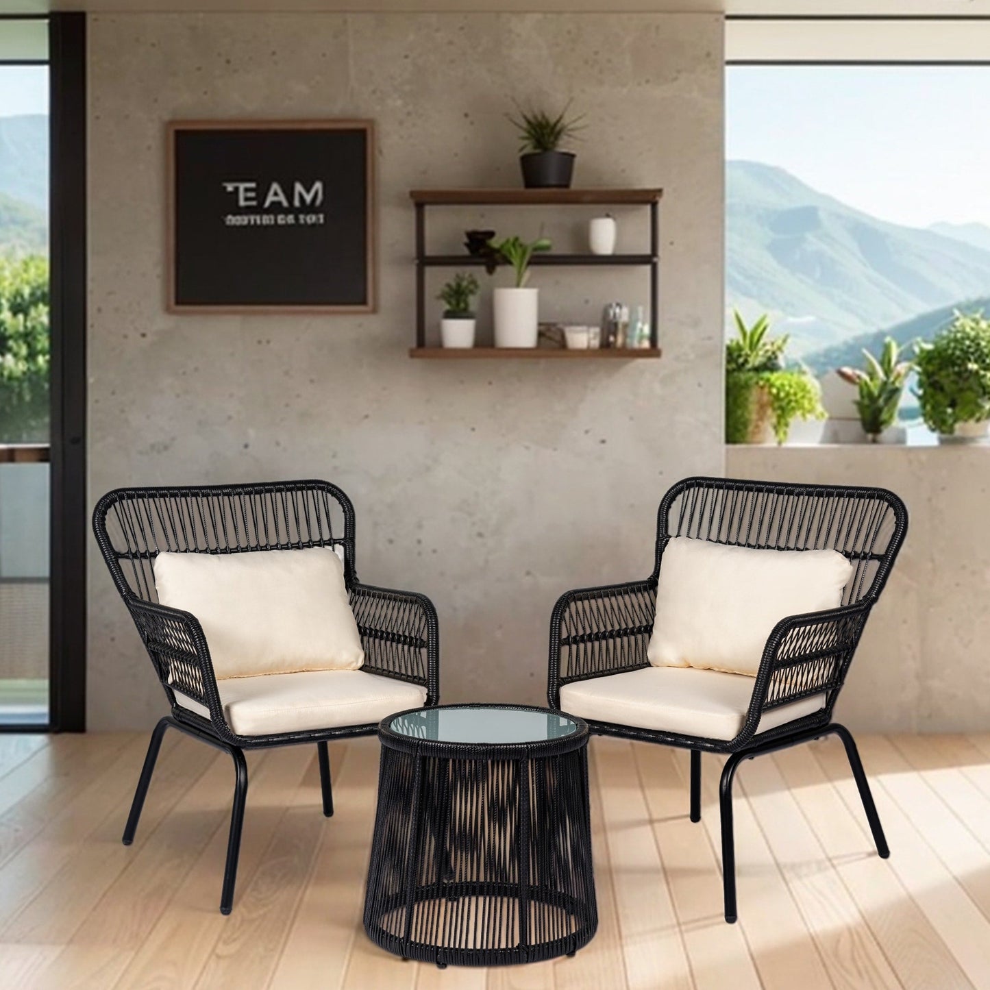 Ensemble de bistro en osier pour extérieur, 3 pièces, ensemble de chaises de patio en rotin résistant aux intempéries avec coussins.