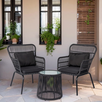 Ensemble de bistro en osier pour extérieur, 3 pièces, ensemble de chaises de patio en rotin résistant aux intempéries avec coussins.
