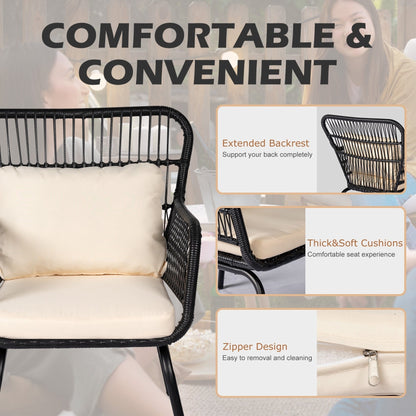Ensemble de bistro en osier pour extérieur, 3 pièces, ensemble de chaises de patio en rotin résistant aux intempéries avec coussins.