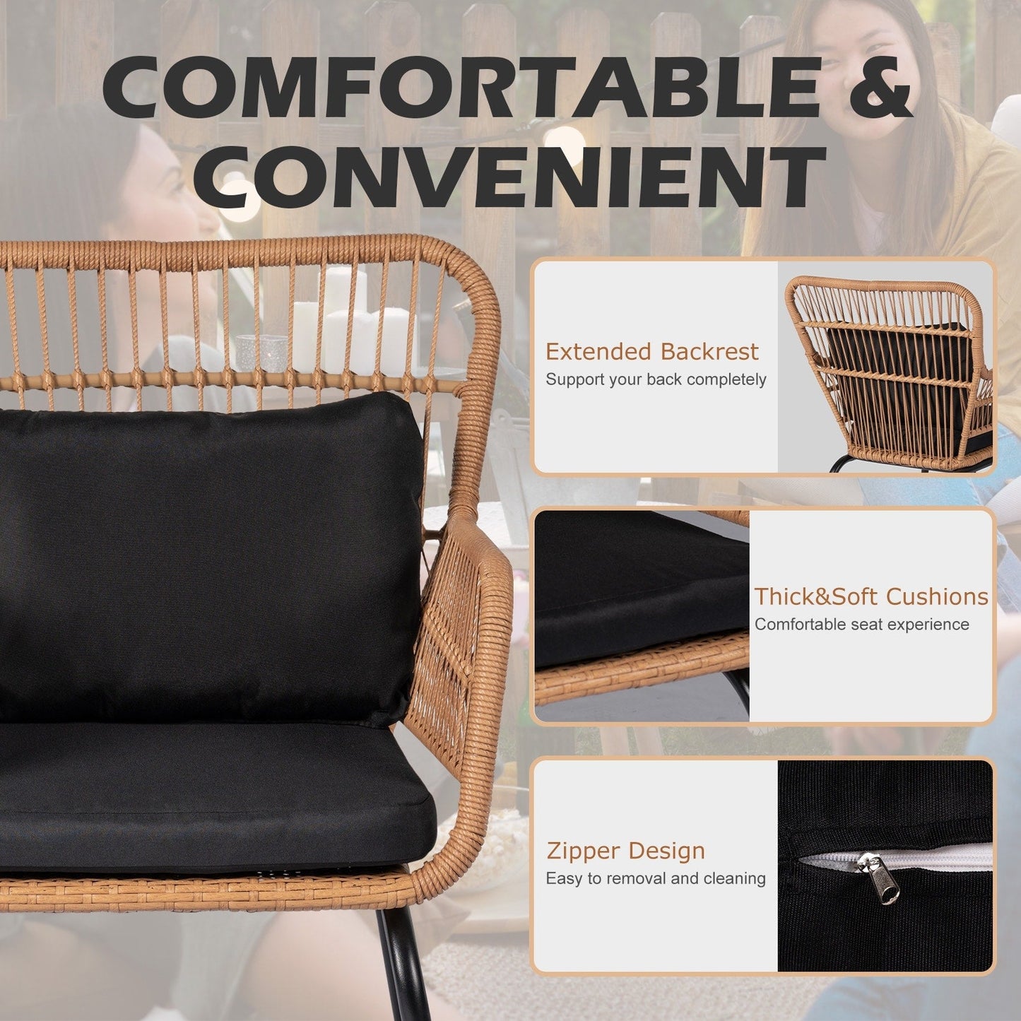 Ensemble de bistro en osier pour extérieur, 3 pièces, ensemble de chaises de patio en rotin résistant aux intempéries avec coussins.