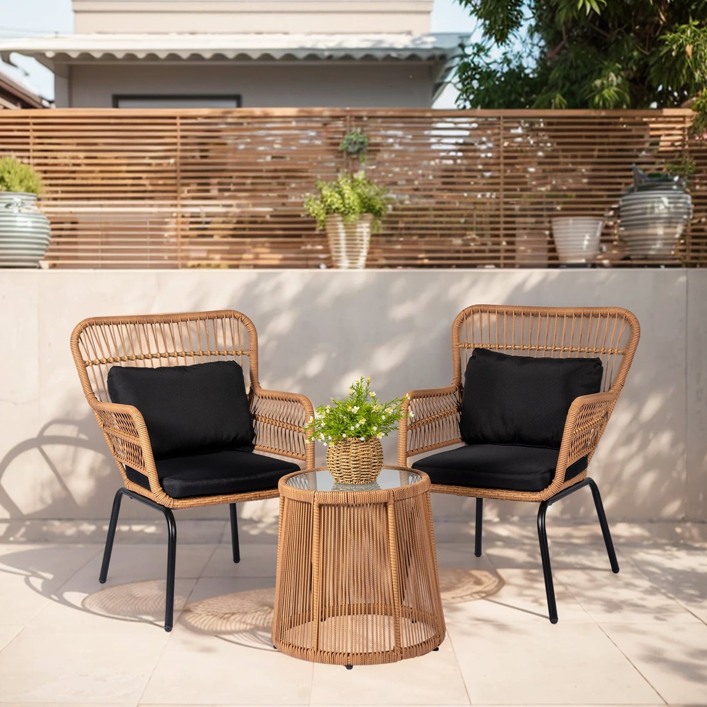 Ensemble de bistro en osier pour extérieur, 3 pièces, ensemble de chaises de patio en rotin résistant aux intempéries avec coussins.