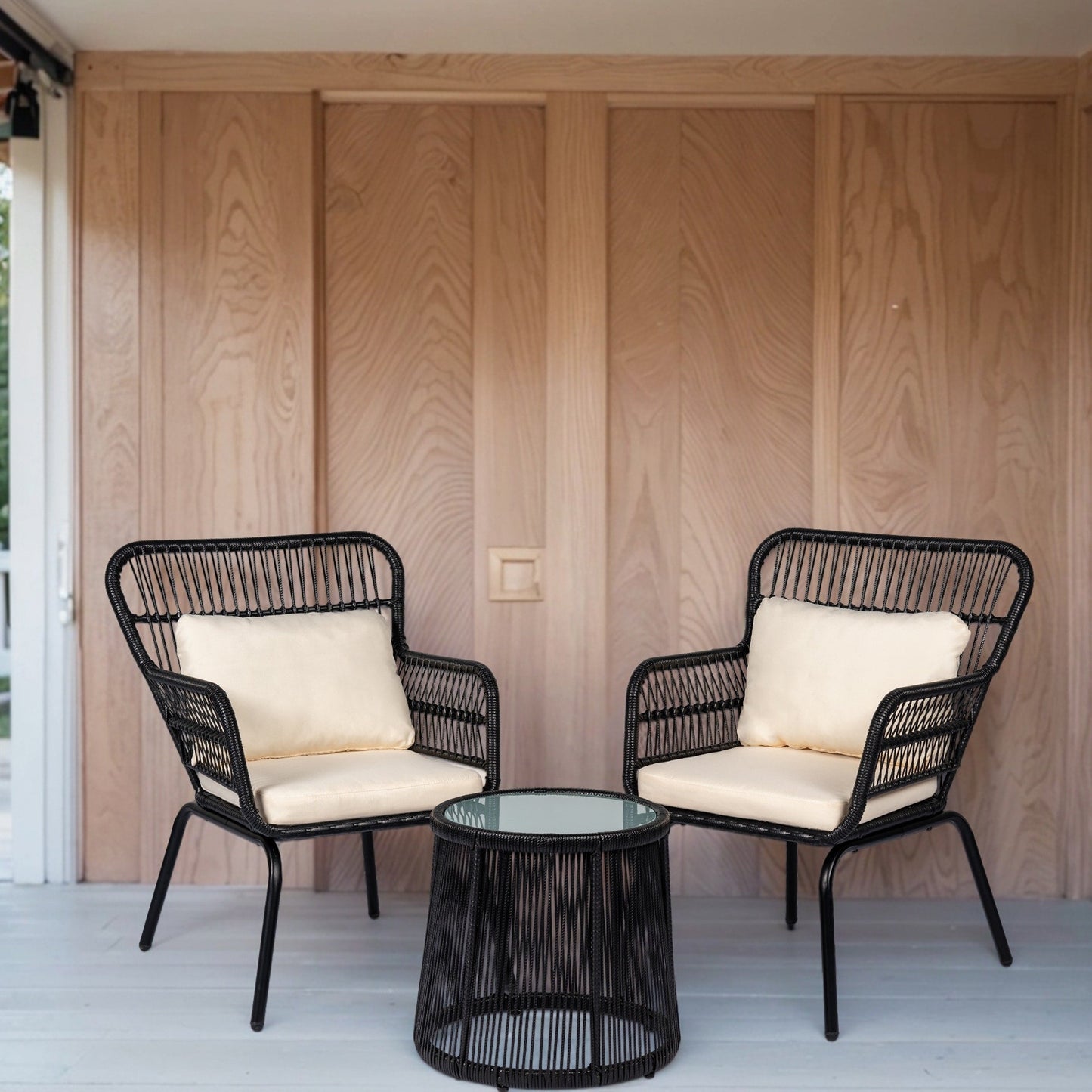 Ensemble de bistro en osier pour extérieur, 3 pièces, ensemble de chaises de patio en rotin résistant aux intempéries avec coussins.