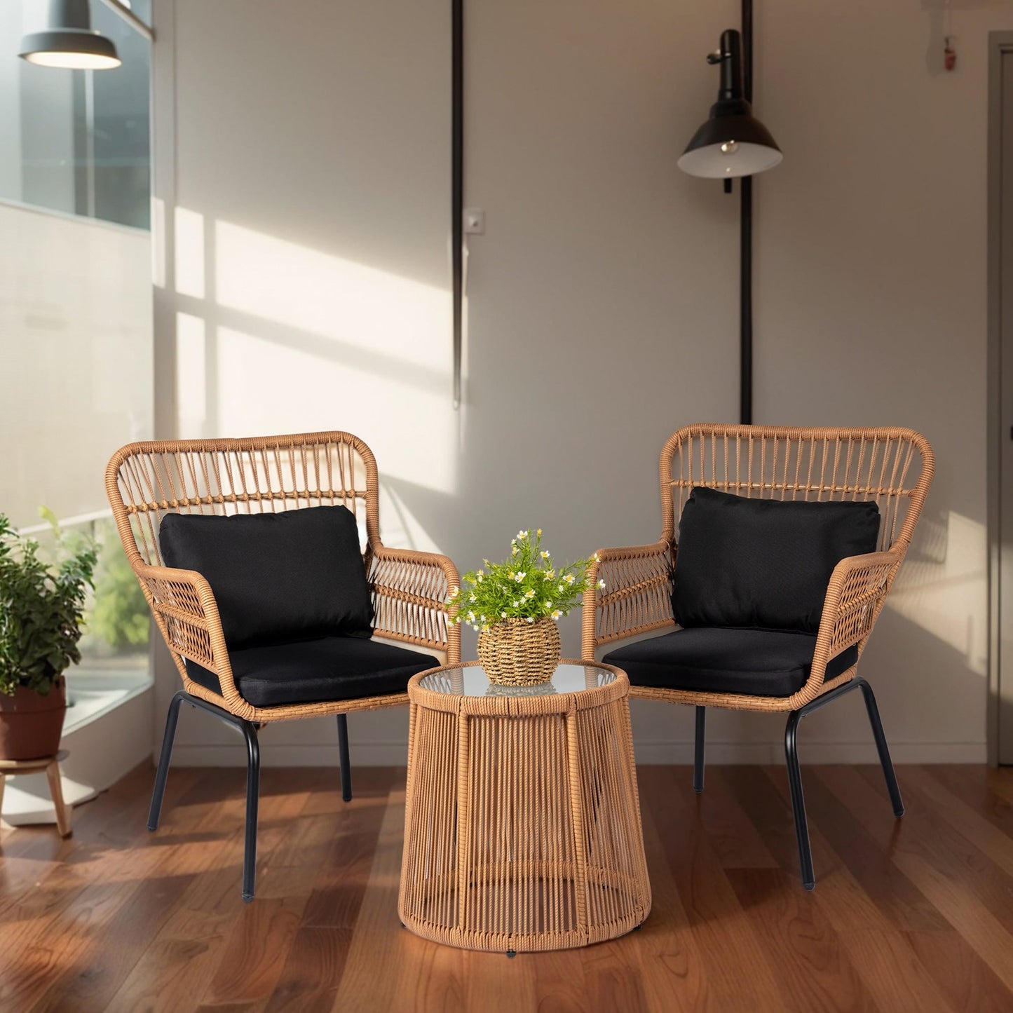 Ensemble de bistro en osier pour extérieur, 3 pièces, ensemble de chaises de patio en rotin résistant aux intempéries avec coussins.