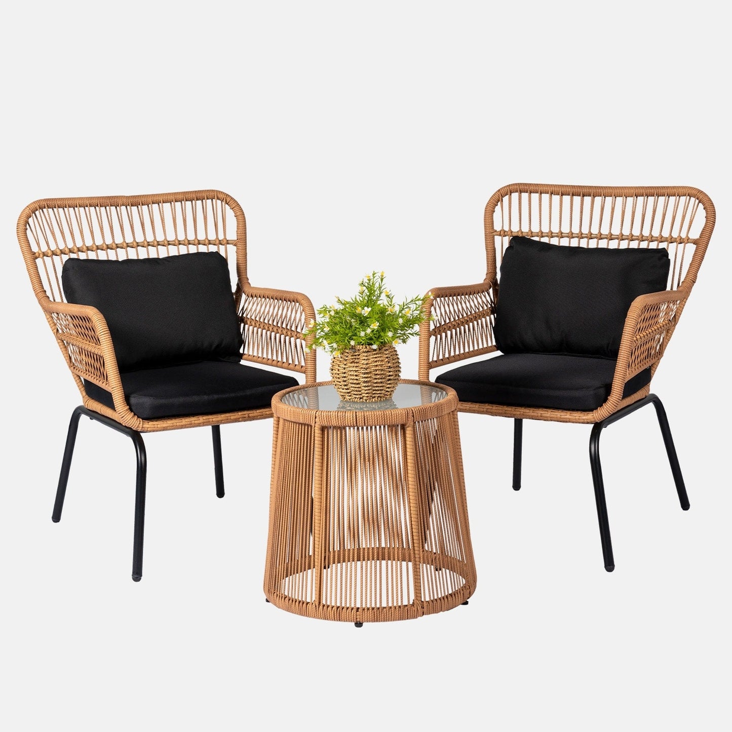 Ensemble de bistro en osier pour extérieur, 3 pièces, ensemble de chaises de patio en rotin résistant aux intempéries avec coussins.