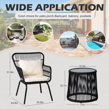 Ensemble de bistro en osier pour extérieur, 3 pièces, ensemble de chaises de patio en rotin résistant aux intempéries avec coussins.
