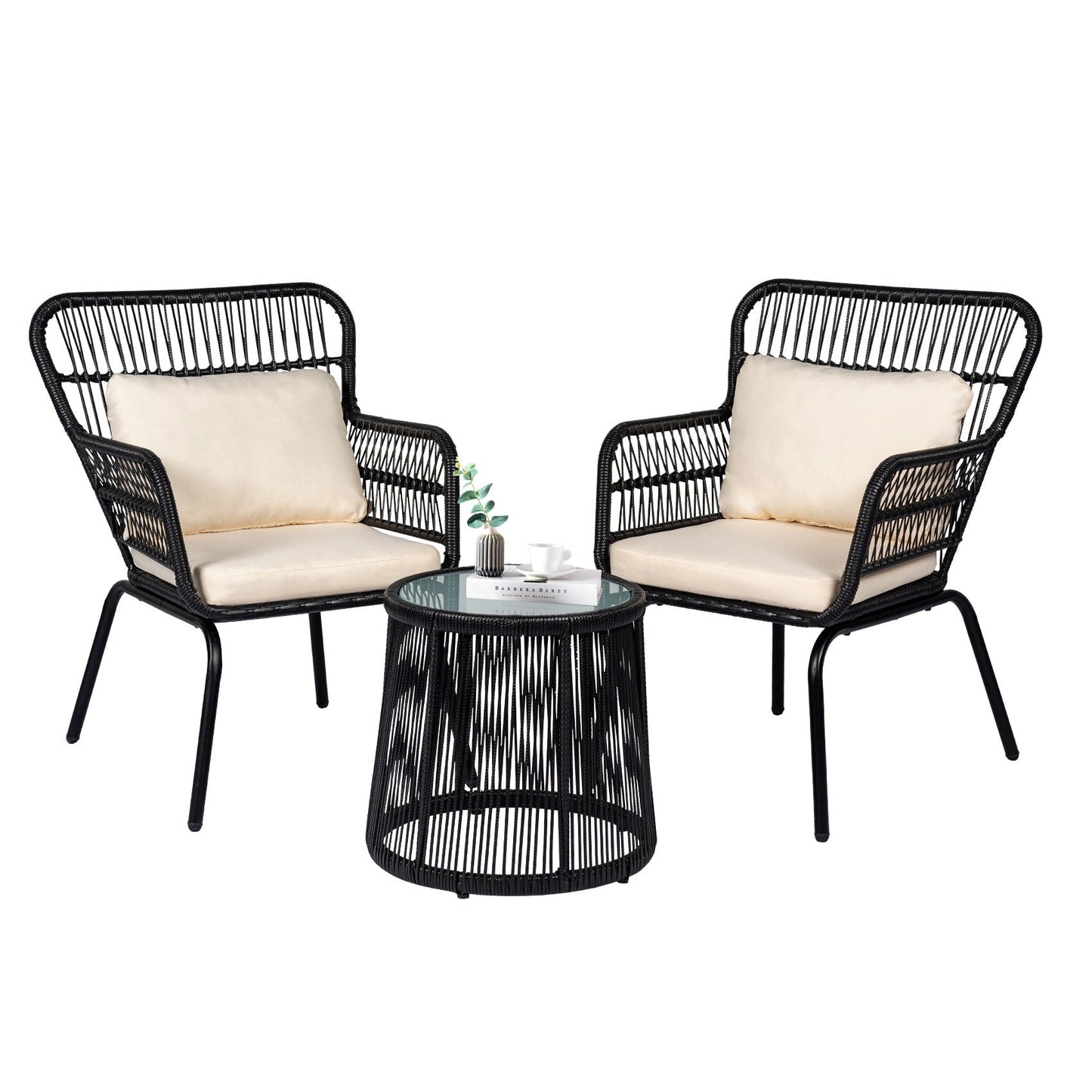 Ensemble de bistro en osier pour extérieur, 3 pièces, ensemble de chaises de patio en rotin résistant aux intempéries avec coussins.