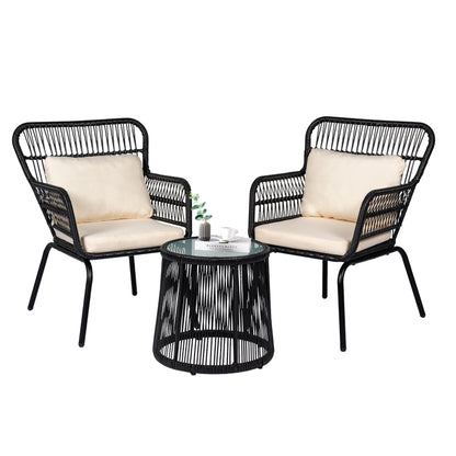 Ensemble de bistro en osier pour extérieur, 3 pièces, ensemble de chaises de patio en rotin résistant aux intempéries avec coussins.