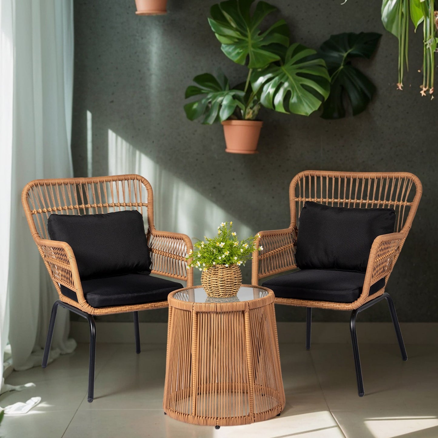 Ensemble de bistro en osier pour extérieur, 3 pièces, ensemble de chaises de patio en rotin résistant aux intempéries avec coussins.