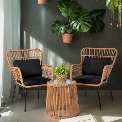 Ensemble de bistro en osier pour extérieur, 3 pièces, ensemble de chaises de patio en rotin résistant aux intempéries avec coussins.
