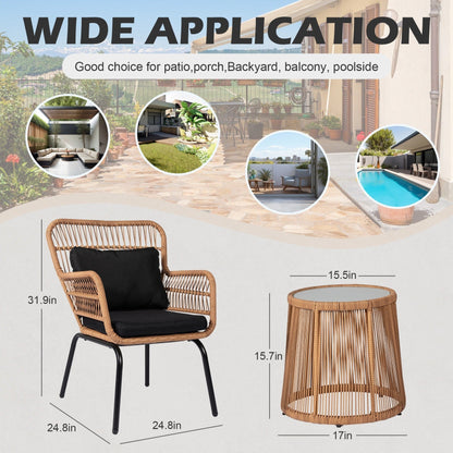 Ensemble de bistro en osier pour extérieur, 3 pièces, ensemble de chaises de patio en rotin résistant aux intempéries avec coussins.