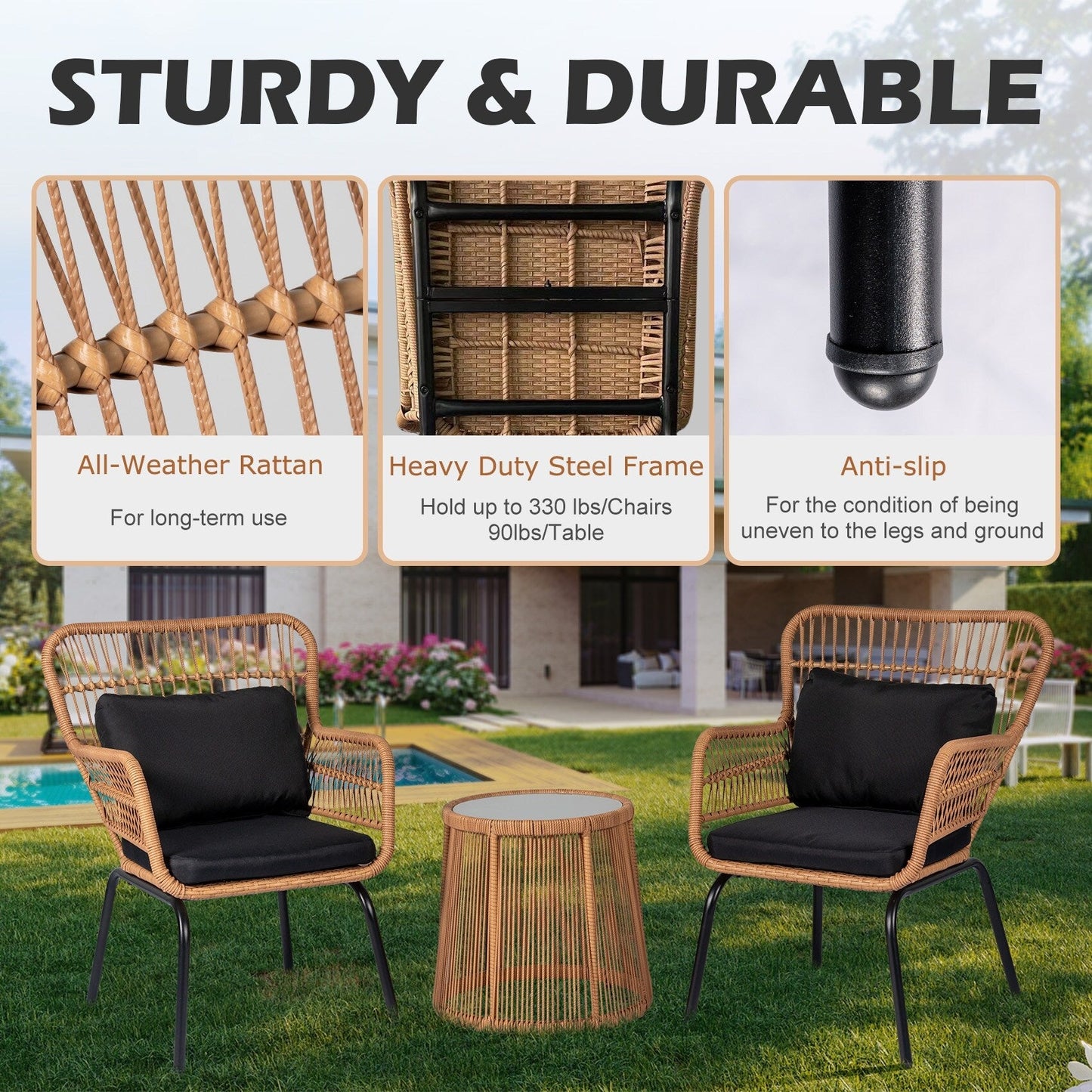 Ensemble de bistro en osier pour extérieur, 3 pièces, ensemble de chaises de patio en rotin résistant aux intempéries avec coussins.