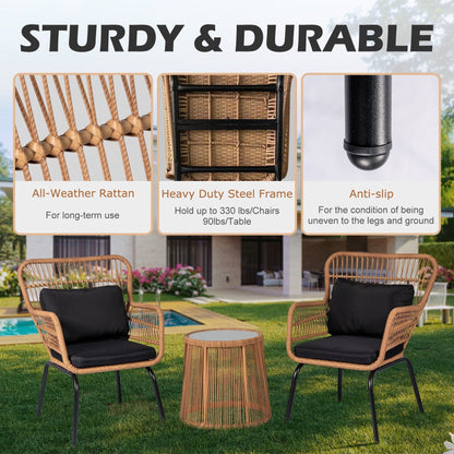 Ensemble de bistro en osier pour extérieur, 3 pièces, ensemble de chaises de patio en rotin résistant aux intempéries avec coussins.