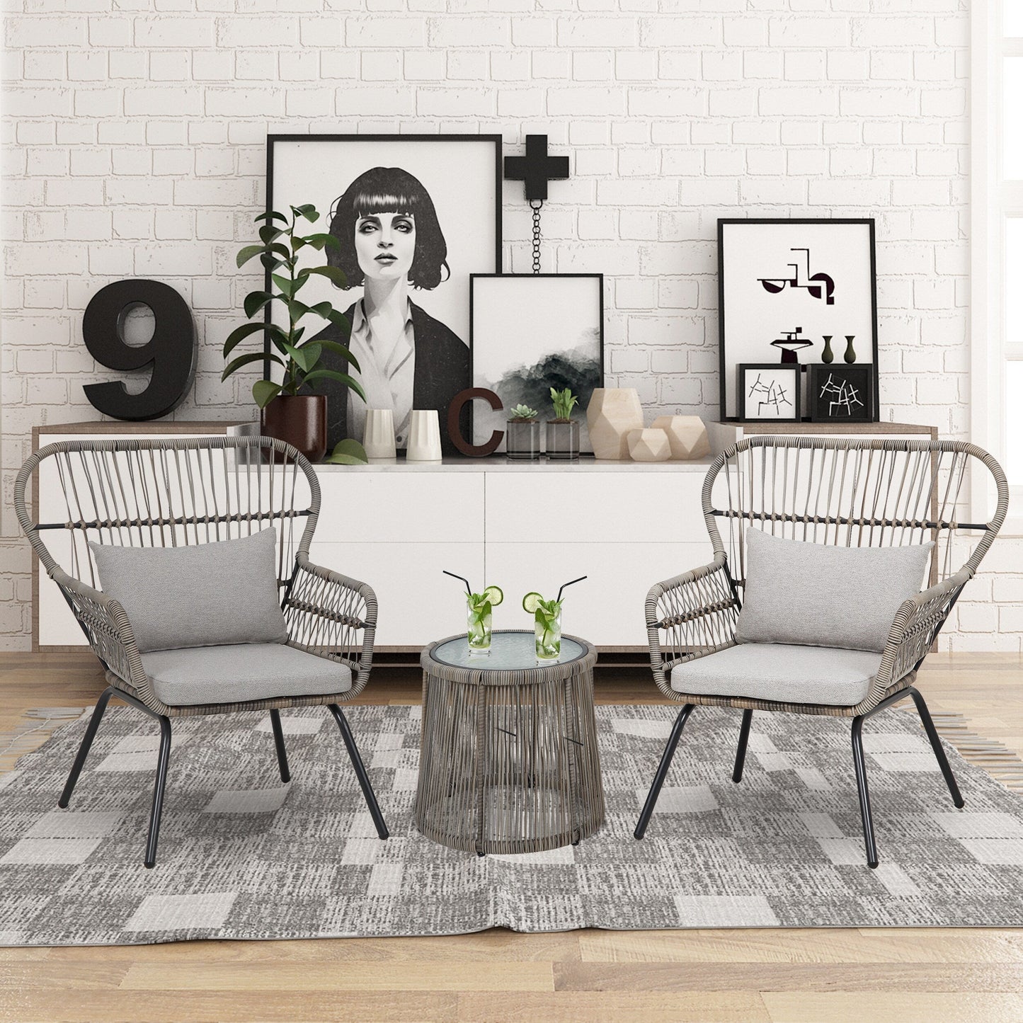 Ensemble de bistro en osier pour extérieur, 3 pièces, ensemble de chaises de patio en rotin résistant aux intempéries avec coussins.