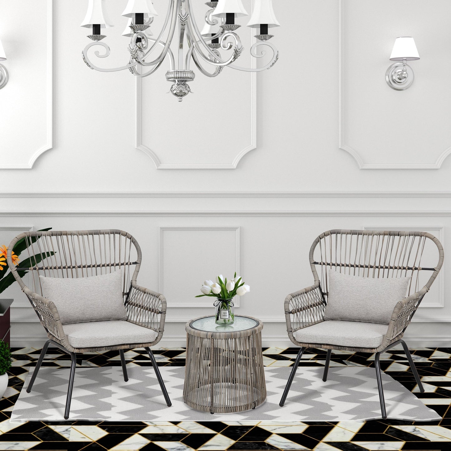 Ensemble de bistro en osier pour extérieur, 3 pièces, ensemble de chaises de patio en rotin résistant aux intempéries avec coussins.