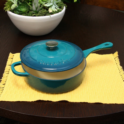Poêle à frire en fonte émaillée de 3,5 quarts avec couvercle, couleur turquoise ombré