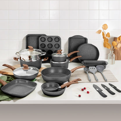 Ensemble de 30 pièces pour cuisine, comprenant des casseroles et poêles en granit, antiadhésives.